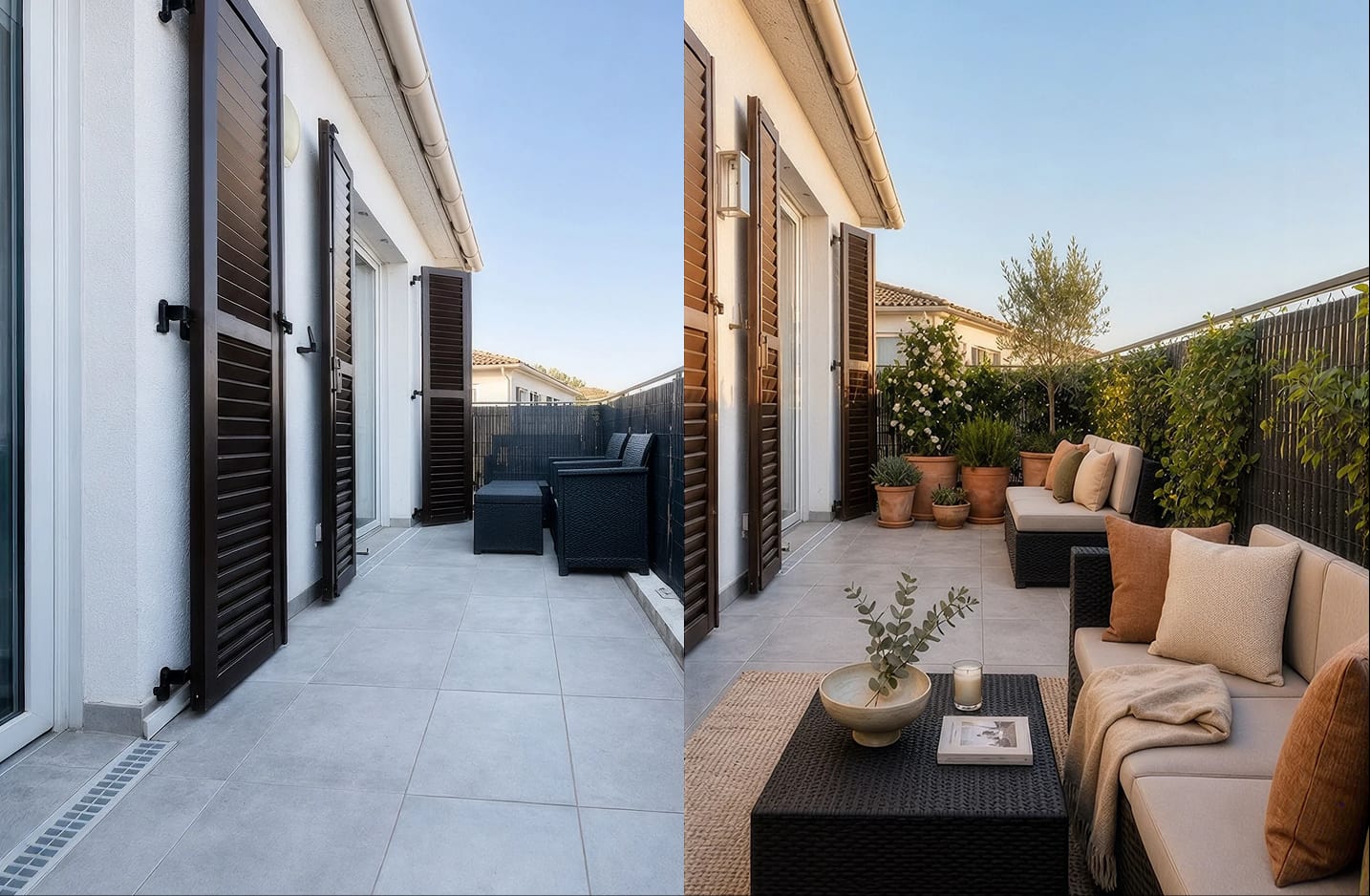 Terrasse avant et après home staging virtuel : nue à gauche, meublée et végétalisée à droite.