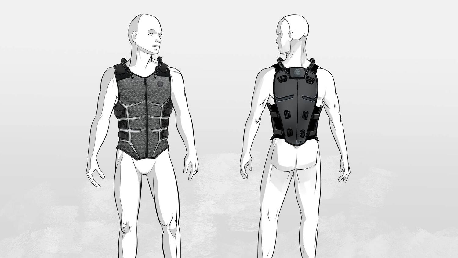 Dessin de la veste Skinetic, de face et de dos, portée par un mannequin.