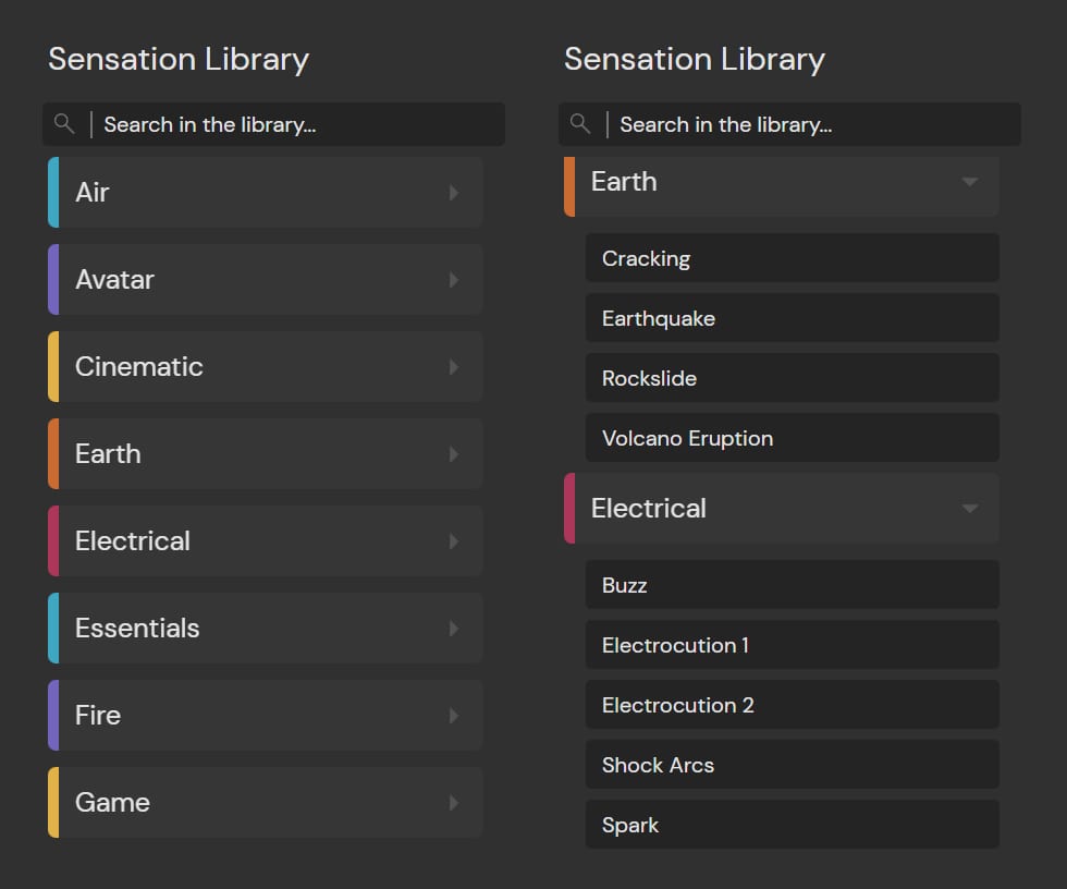 The Sensation Library panel of Unitouch Studio, twice: on the left, the list of categories; on the right, the Earth and Electrical categories expanded into their effects.