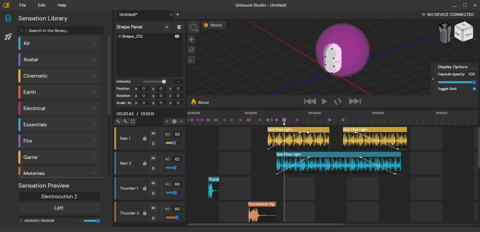The Unitouch Studio interface: four tracks layer rain and thunder effects with their waveforms, envelopes and volumes; above, the shape's keyframes; in the 3D view, a spherical shape surrounds the mannequin.
